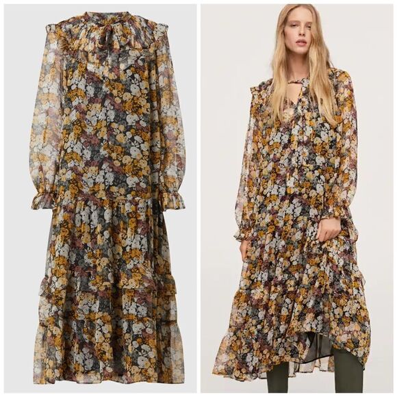 Mango Chiffon Modest Floral Dress New - Picture 1 of 14